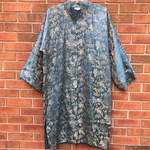 Vintage Authentic Japan Blue Patterned Brocade Duster Frog Closure L